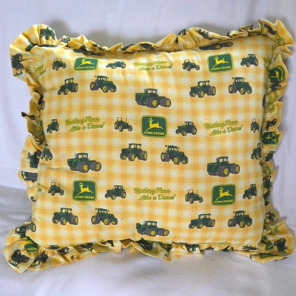 John Deere Throw Pillow Green Yellow Ruffled Tractor Plaid Accent